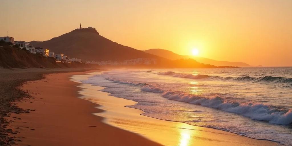 La promenade de bord de mer d'Agadir s'incurvant vers la marina, avec la colline de la Kasbah en arrière-plan