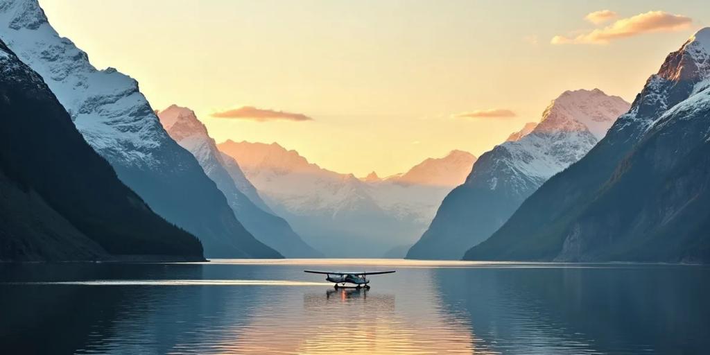 Un navire de croisière minuscule au pied de sommets enneigés dans un fjord d'Alaska à l'heure dorée