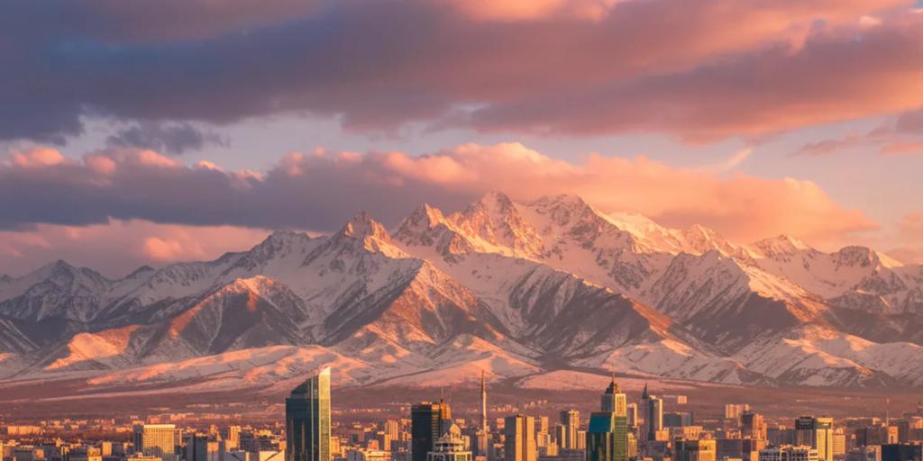 Les rues d'Almaty avec les sommets enneigés du Tian Shan s'élevant en arrière-plan