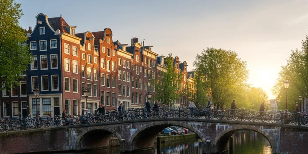 Maisons de canal d'Amsterdam et vélos garés se reflétant dans l'eau calme d'un canal