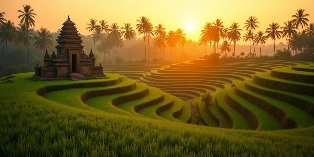 Rizières en terrasses et palmiers près d'Ubud, à Bali, sous la lumière de fin d'après-midi