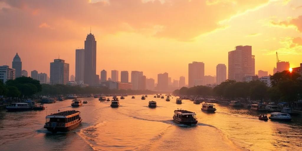 La skyline de Bangkok au crépuscule avec le fleuve Chao Phraya et un Skytrain BTS qui le traverse