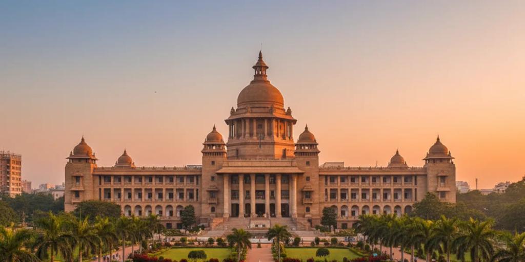L'imposante façade de granit du Vidhana Soudha dominant des jardins soignés à Bengaluru