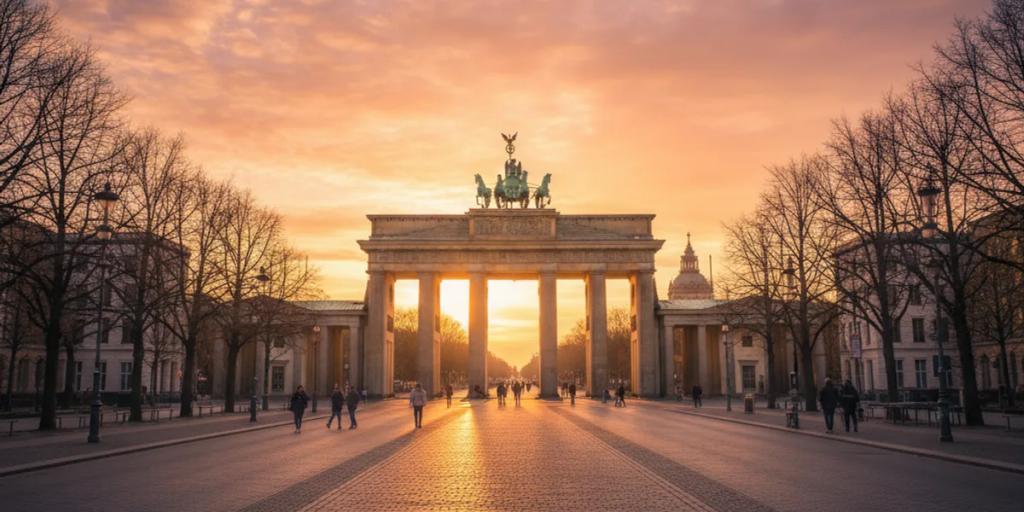 La porte de Brandebourg illuminée à l'heure dorée, la Pariser Platz déserte au premier plan