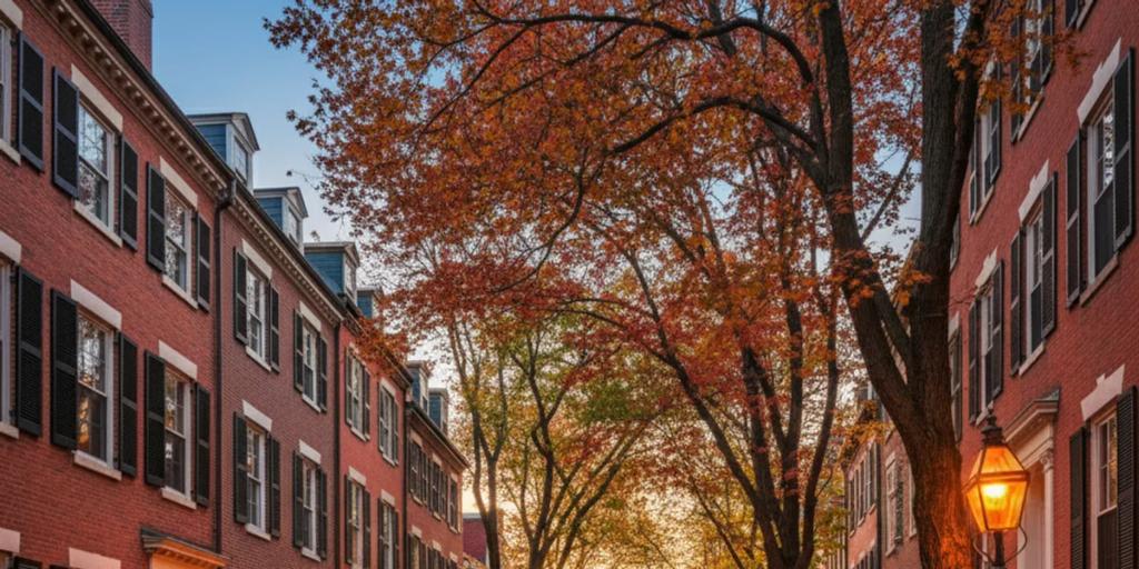 Les maisons de brique de Beacon Hill et les réverbères à gaz le long d'une rue pavée au crépuscule