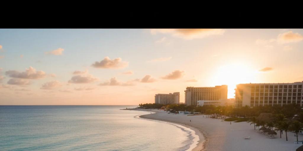 La courbe de la plage de la zone hôtelière de Cancún au lever du soleil, l'eau turquoise des Caraïbes rejoignant le sable blanc