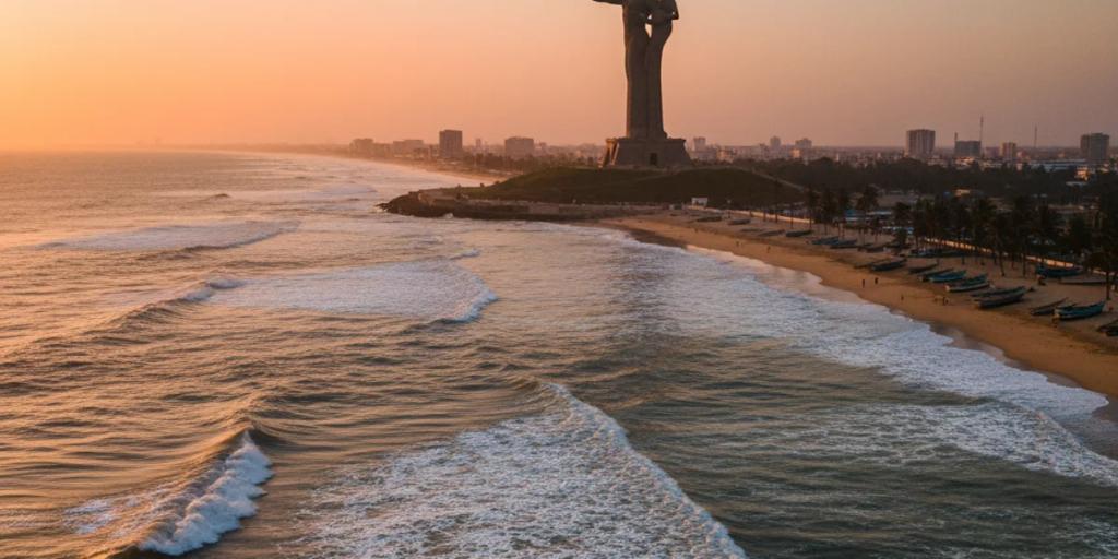 Le littoral atlantique de Dakar avec le Monument de la Renaissance africaine dominant le promontoire