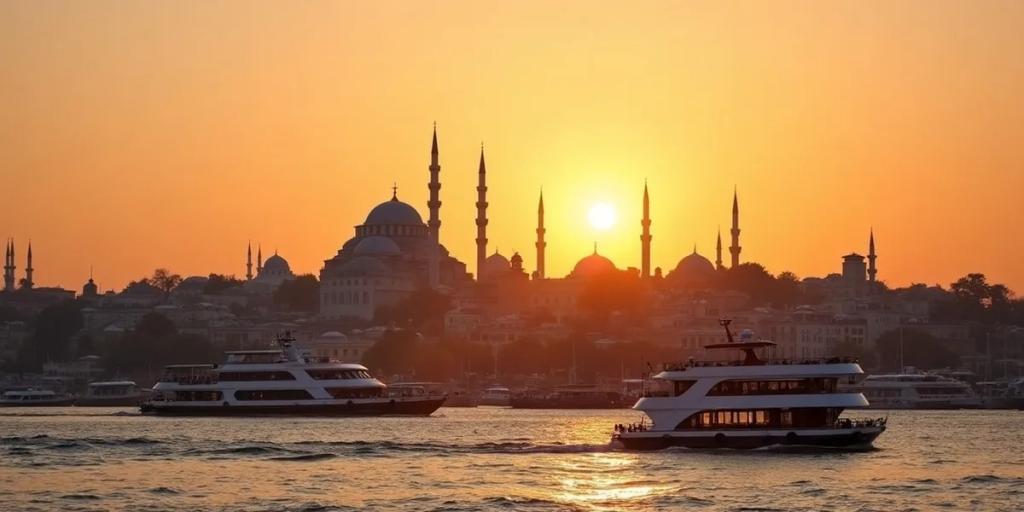 Le Bosphore d'Istanbul au crépuscule, avec un ferry urbain traversant entre les rives européenne et asiatique