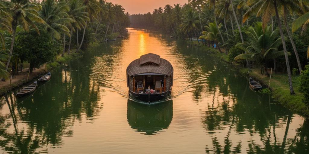 Un houseboat traditionnel du Kerala glissant à l'aube sur les backwaters bordés de palmiers