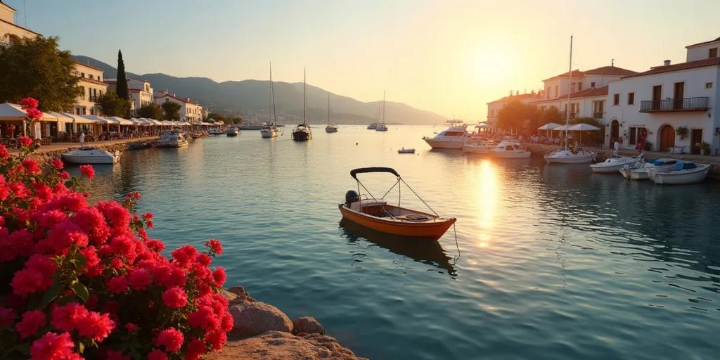 Le front de mer blanchi à la chaux de Kos-Ville avec ses bateaux amarrés et le château au crépuscule