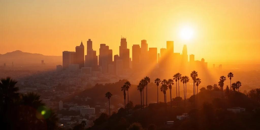 Échangeur autoroutier de Los Angeles au crépuscule avec les gratte-ciel du centre-ville et des palmiers