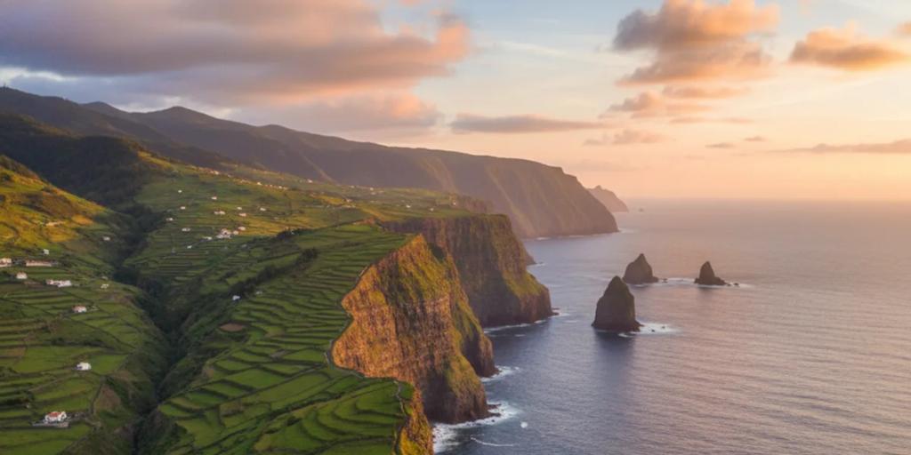 Un sentier de levada épousant des falaises verdoyantes au-dessus de l'Atlantique sur la côte nord de Madère
