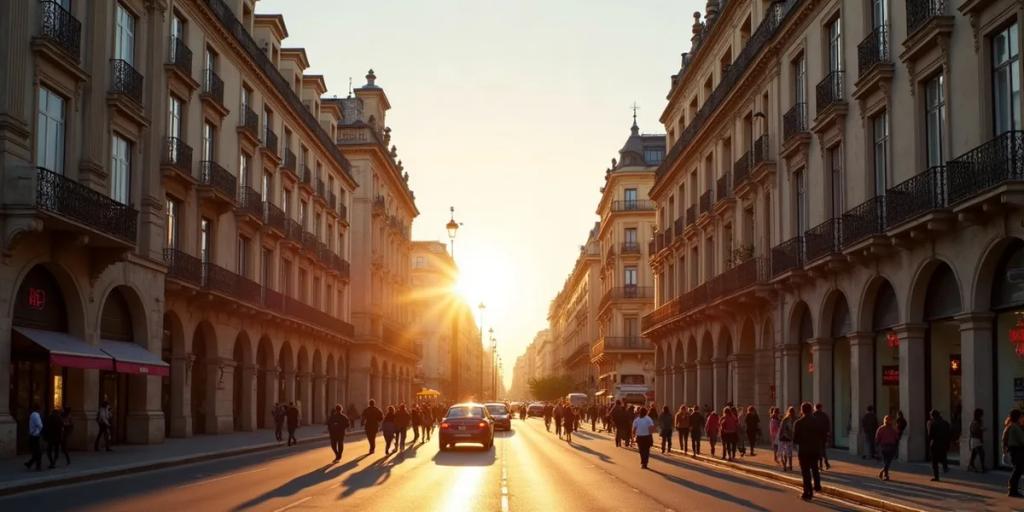 La Gran Via à Madrid au crépuscule avec l'immeuble Metropolis et la circulation du soir