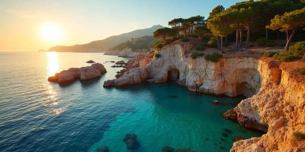Crique turquoise encadrée de falaises couvertes de pins sur la côte de Majorque
