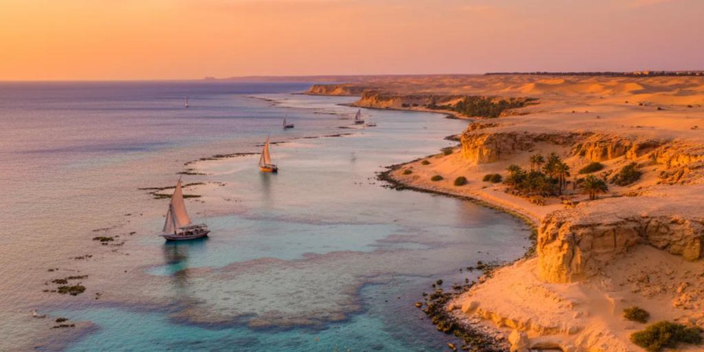 Un lagon turquoise de la mer Rouge, ses hauts-fonds de récif rejoignant le rivage désertique nu près de Marsa Alam