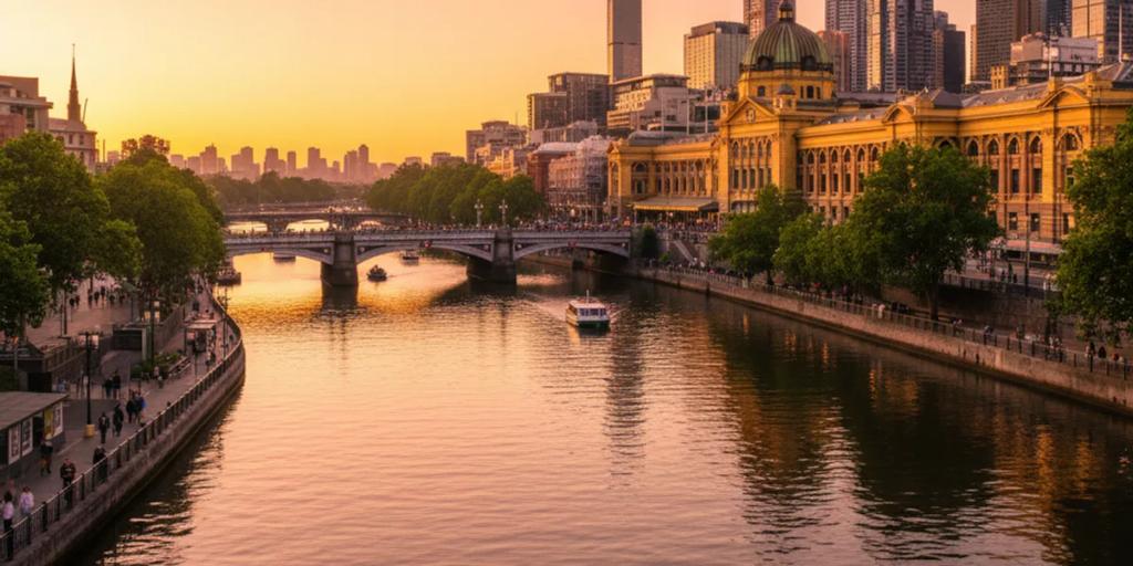 La rivière Yarra et la gare de Flinders Street illuminées à l'heure dorée dans le centre de Melbourne