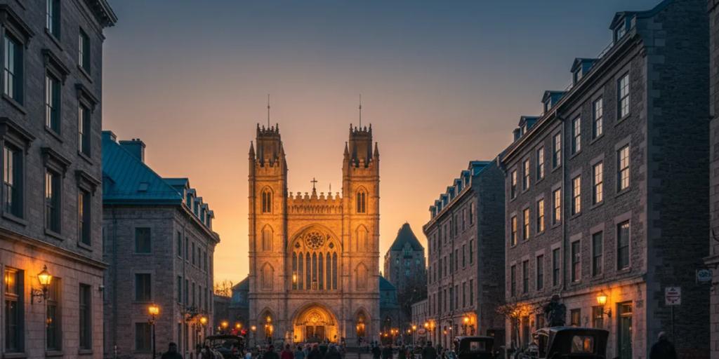 Rue pavée du Vieux-Montréal menant aux tours jumelles de la basilique Notre-Dame