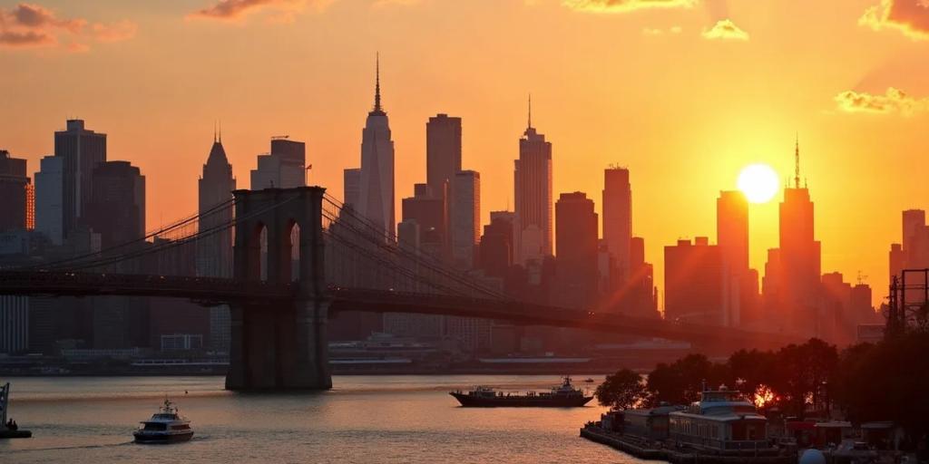 La ligne d'horizon de Manhattan et un passage piéton animé au crépuscule, avec des panneaux publicitaires illuminés