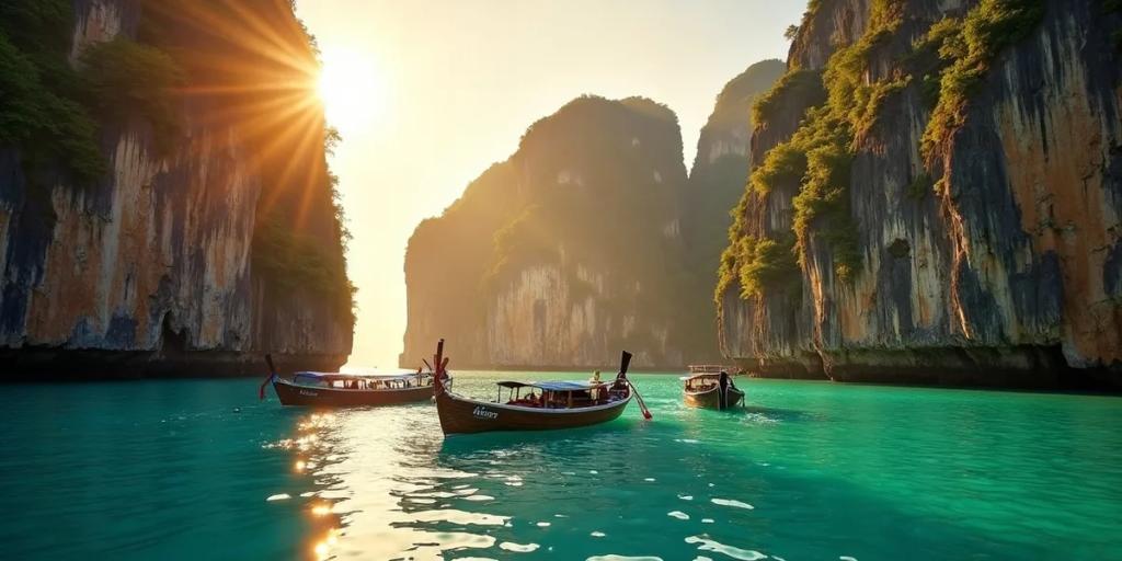 Des bateaux à longue queue sur une plage de Phuket avec des promontoires verdoyants à l'heure dorée
