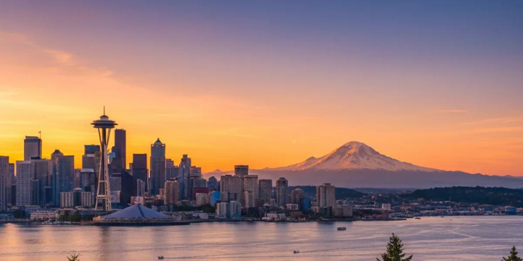 La Space Needle au-dessus de la skyline de Seattle, avec le mont Rainier enneigé à l'horizon