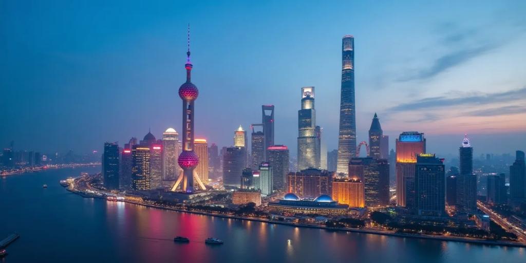 La skyline de Pudong avec l'Oriental Pearl Tower et la Shanghai Tower illuminées de l'autre côté de la rivière Huangpu au crépuscule