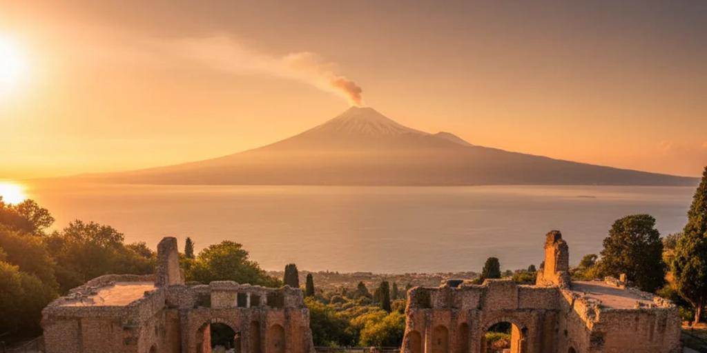 L'antique théâtre grec de Taormine avec l'Etna fumant à l'horizon derrière la scène