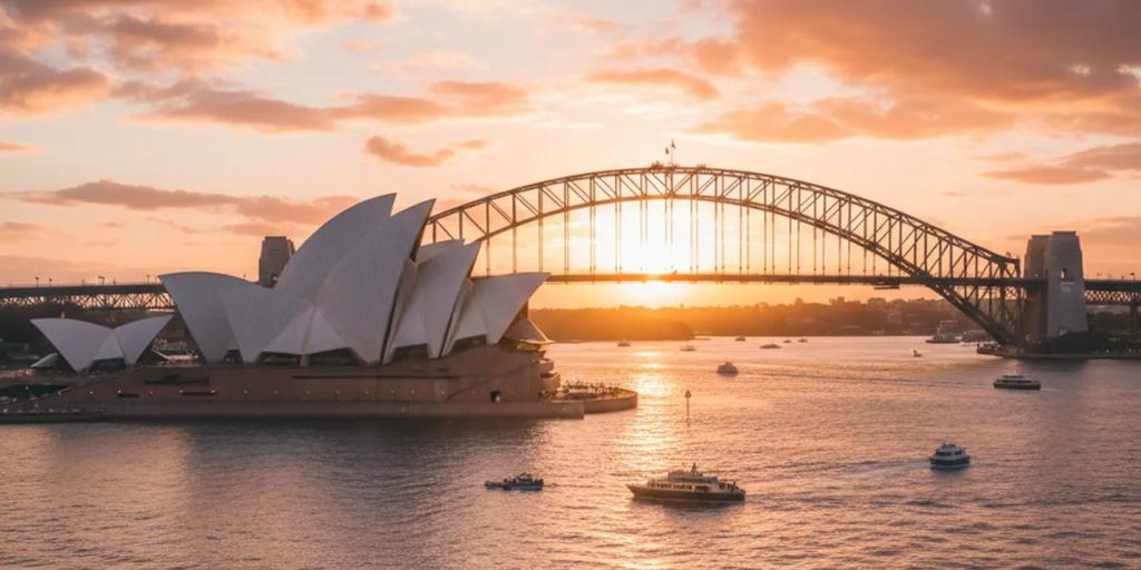 L'Opéra de Sydney et le Harbour Bridge illuminés à l'heure dorée, vus depuis l'autre rive