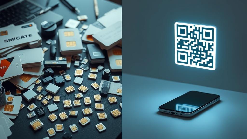 L'encombrement de la SIM physique (à gauche) vs la simplicité de l'eSIM (à droite).