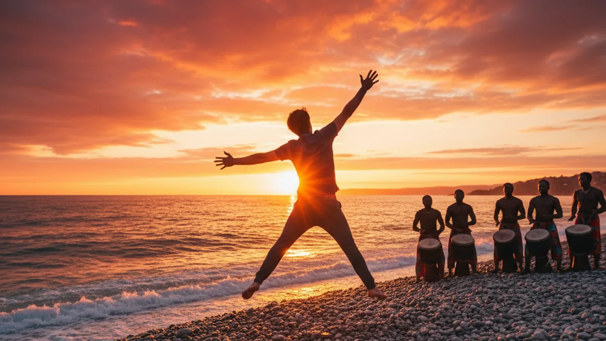 Personne sautant en l'air sur la plage de Benirras au coucher du soleil, avec des joueurs de tambour en silhouette derrière