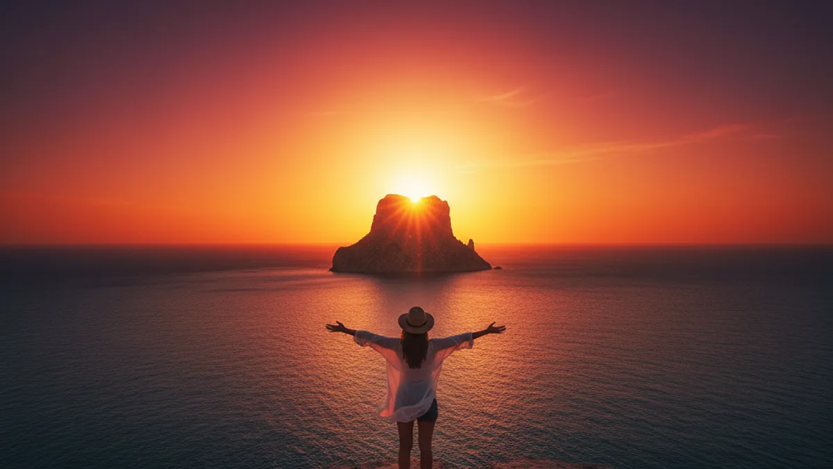 Voyageur bras grands ouverts, en silhouette devant le coucher de soleil derrière Es Vedra